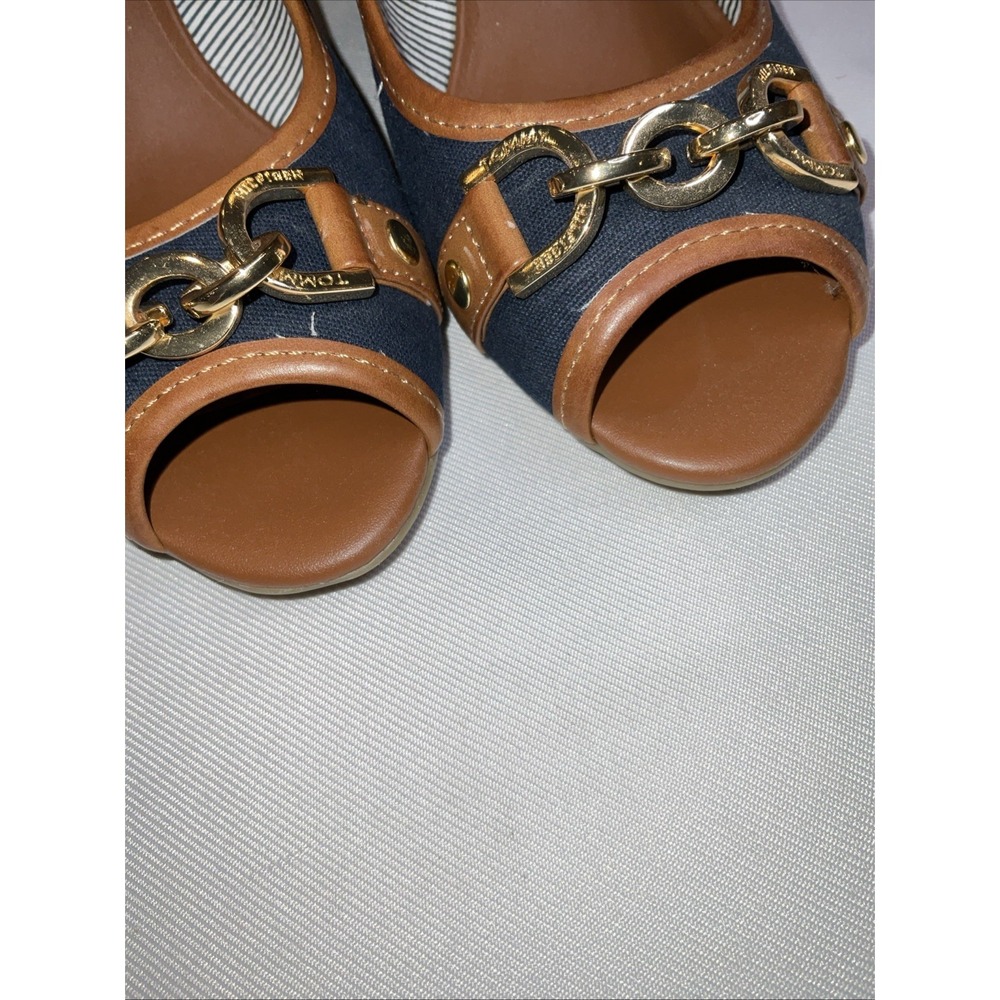 Tommy Hilfiger Tawnisha Peep Toe Horsebit Cork Wedge Heel Sz 6.5 Preppy Nautical - Picture 2 of 8